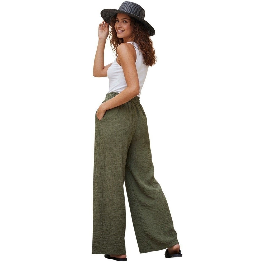 NWT NOFLIK Olive Green 100% Cotton Gauze‎ Wide Leg Boho Pants Relaxed L Coastal